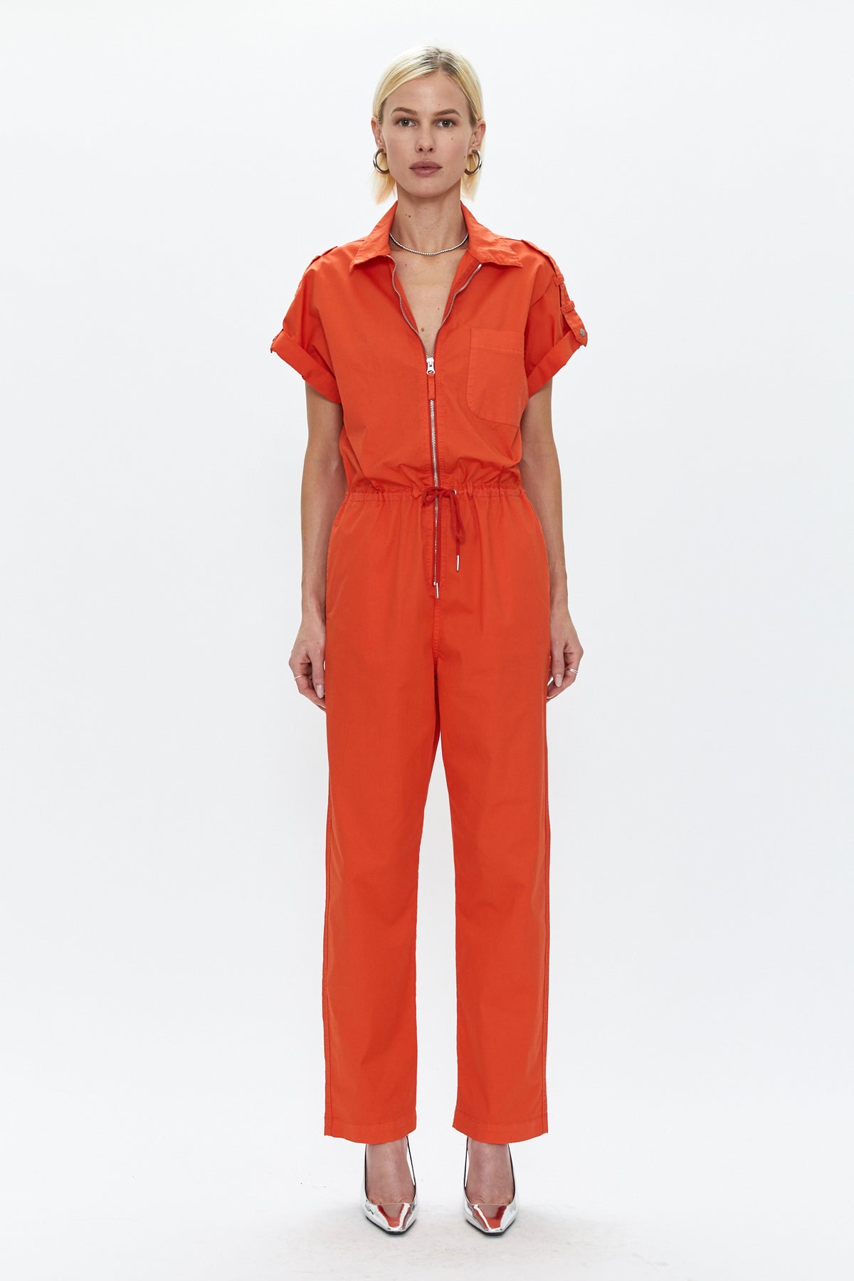 Jordan Short Sleeve Zip Front Jumpsuit - Poppy
            
              Sale